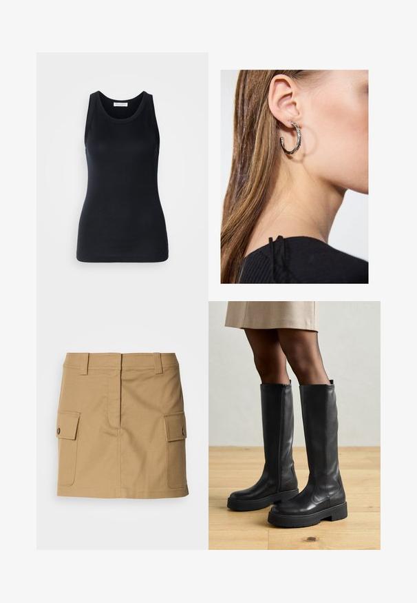 Schwarzes Tanktop aus weichem, dehnbarem Stoff. Mit Rundhalsausschnitt und breiten Trägern, tailliert geschnitten und mit glatter Oberfläche.; Khakifarbener Baumwollrock mit taillierter Passform, zwei seitlichen Taschen mit Klappen und geradem Schnitt. Strapazierfähiger Stoff mit glatter Textur.; Schwarze knöchelhohe Stiefel aus Leder mit glatter Textur, ausgestattet mit einer dicken Gummisohle und einem seitlichen Reißverschluss für müheloses Anziehen.; Silberne Creolen mit polierter Oberfläche, die kleine goldene Akzentdetails und eine runde Form aufweisen, am Ohrläppchen getragen.