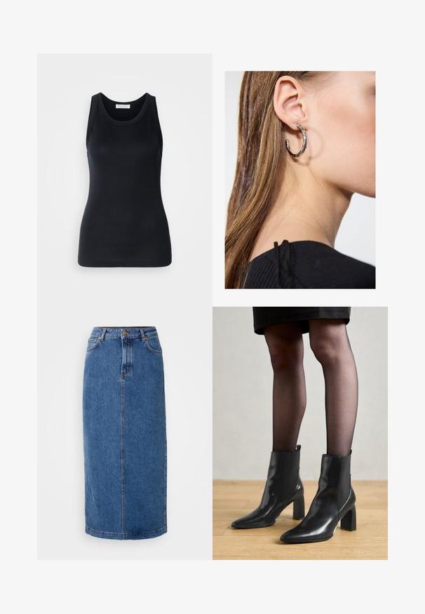 Juodas tanktopas, pagamintas iš minkštos, elastingos medžiagos. Jame yra apykaklės forma ir plačios petnešos, su prigludusia siluetu ir lygiu paviršiumi.; Denim sijonas, iki kelių, mėlynos spalvos, tiesaus kirpimo. Savybė - priekinės kišenės, diržo kilpos ir kontrastingi siūlai siūlėse. Lygi tekstūra.; Juodos odinės aulinės botai su smailiu priekiniu galiuku, masyviu kvadratiniu kulnu ir elegantišku dizainu. Yra elastingos šoninės detalės, kad būtų lengva užsidėti.; Sidabrinė lankinė auskarai su poliruotu paviršiumi, turintys mažus auksinius akcentus ir apvalią formą, dėvimi ant ausies kaušelio.