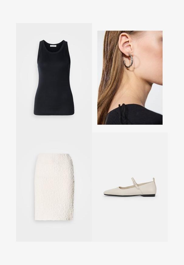 Musta tanktop, mis on valmistatud pehmest ja venivast materjalist. Omab ümmargust kaelust ja laiu õlapaelu, ning sellel on voolav siluett ja sile tekstuur.; Valge tekstureeritud pliiatsiseelik, millel on veidi karvane pind, põlvekõrgune, sobiv disain ning ilma nähtavate kinnituste või kaunistusteta.; Valgete nahast Mary Jane lamedate kingade kumerad varbad, külgmine pandla ja madal must konts. Sile tekstuur ja minimalistik disain.; Hõbedane rõngas kõrvarõngas poleeritud viimistlusega, millel on väikesed kuldsed aktsendid ja ümmargune kuju, kantud lobus.