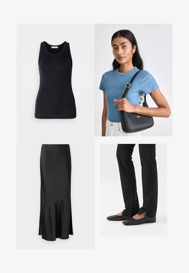 Musta tanktop, mis on valmistatud pehmest ja venivast materjalist. Omab ümmargust kaelust ja laiu õlapaelu, ning sellel on voolav siluett ja sile tekstuur.; Mustmust midi seelik, millel on sujuv disain, kergelt laienev alumine äär ja külgmine lõhik liikumisvabaduse tagamiseks. Sile tekstuur.; Mustadast mustast nahast balletkingad terava ninaga, millel on rihm hõbedase klambriga, kokku sobitatud mustade ülikondpükstega, millel on lõhiku serv.; Must mustriga käekott, millel on kõver kuju, millel on kuldne logo, koos ribatud helesinise lühikeste varrukatega särgiga ja valgete pükstega.
