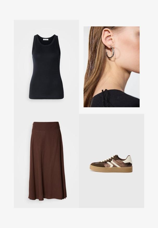Schwarzes Tanktop aus weichem, dehnbarem Stoff. Mit Rundhalsausschnitt und breiten Trägern, tailliert geschnitten und mit glatter Oberfläche.; Brauner Maxirock mit glatter Textur, breitem elastischen Bund und fließendem Design, geeignet für legere oder semi-formelle Anlässe.; Braune und cremefarbene Sneakers aus einer Kombination von Wildleder und Satin, mit drei diagonalen Streifen und einer strukturierten Gummisohle.; Silberne Creolen mit polierter Oberfläche, die kleine goldene Akzentdetails und eine runde Form aufweisen, am Ohrläppchen getragen.