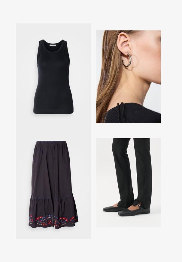 Débardeur noir en tissu doux et extensible. Il dispose d'un col rond et de larges bretelles, avec une silhouette ajustée et une texture lisse.; Jupe en coton gris foncé avec un design à volants et des accents floraux brodés en rouge, bleu et jaune sur l'ourlet. Taille élastique.; Ballerines en cuir noire avec un bout pointu, sangle avec boucle en argent, associées à un pantalon noir sur mesure avec un ourlet fendu.; Boucle d'oreille en argent avec une finition polie, présentant de petits détails en or et de forme ronde, portée sur le lobe.
