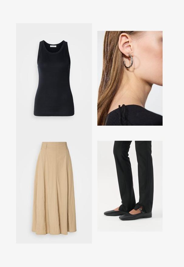Sort tanktop lavet af blødt, strækbart materiale. Har en rund halsudskæring og brede stropper, med en tætsiddende silhuet og glat tekstur.; Beige, høj-taljet maxiskirt lavet af textured stof, med plisseringer der flyder nedad, med et rent, enkelt design og uden synlige mønstre.; Sorte læder balletflade sko med spids tå, rem med sølvspænde, parret med sorte skræddersyede bukser med slids i bunden.; Sølv hoop ørestik med en poleret overflade, prydet med små guld accenter og en rund form, båret på øreflippen.