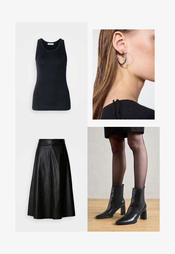 Top nero senza maniche realizzato in un tessuto morbido e elasticizzato. Caratterizzato da un collo rotondo e spalline larghe, con una vestibilità aderente e una superficie liscia.; Gonna in pelle nera con un design svasato, lunghezza al ginocchio, caratterizzata da una texture liscia e un retro pulito e strutturato per un aspetto sartoriale.; Stivaletti neri in pelle con punta affusolata, tacco quadrato imponente e design elegante. Dotati di pannelli laterali elasticizzati per una facile vestibilità.; Orecchino a cerchio in argento con finitura lucida, caratterizzato da piccoli dettagli in oro e una forma tondeggiante, indossato sul lobo.