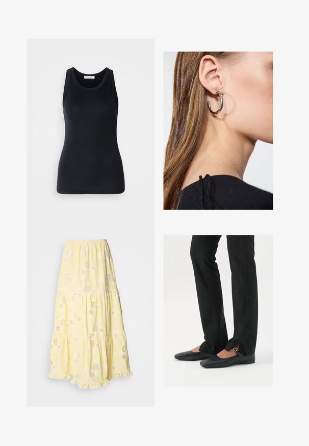 Black tank top made from soft, stretchy fabric. Features a round neckline and wide shoulder straps, with a fitted silhouette and smooth texture.; Yellow, tiered skirt made of lightweight fabric, featuring floral patterns and circular cutouts. Elastic waistband and lace trim at hem.; Black leather ballet flats with a pointed toe, strap with silver buckle, paired with black tailored pants featuring a slit hem.; Silver hoop earring with a polished finish, featuring small gold accent details and a round shape, worn on the lobe.