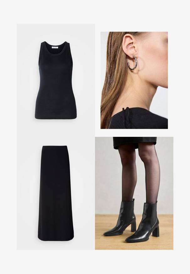 Crna majica bez rukava od mekog, rastezljivog materijala. Ima okrugli izrez i široke naramenice, s prilagođenim krojem i glatkom teksturom.; Crna suknja do poda izrađena od glatkog materijala s ravnom siluetom. Ima jednostavan, neukrašen dizajn bez vidljivih uzoraka ili ukrasnih elemenata.; Crne kožne gležnjače s šiljastim vrhom, robusnim četvrtastim potplatom i elegantnim dizajnom. Imaju elastične bočne panele za jednostavno oblačenje.; Srebrna kružna naušnica s poliranim završetkom, koja ima male zlatne detalje i okrugli oblik, nošena na uhu.