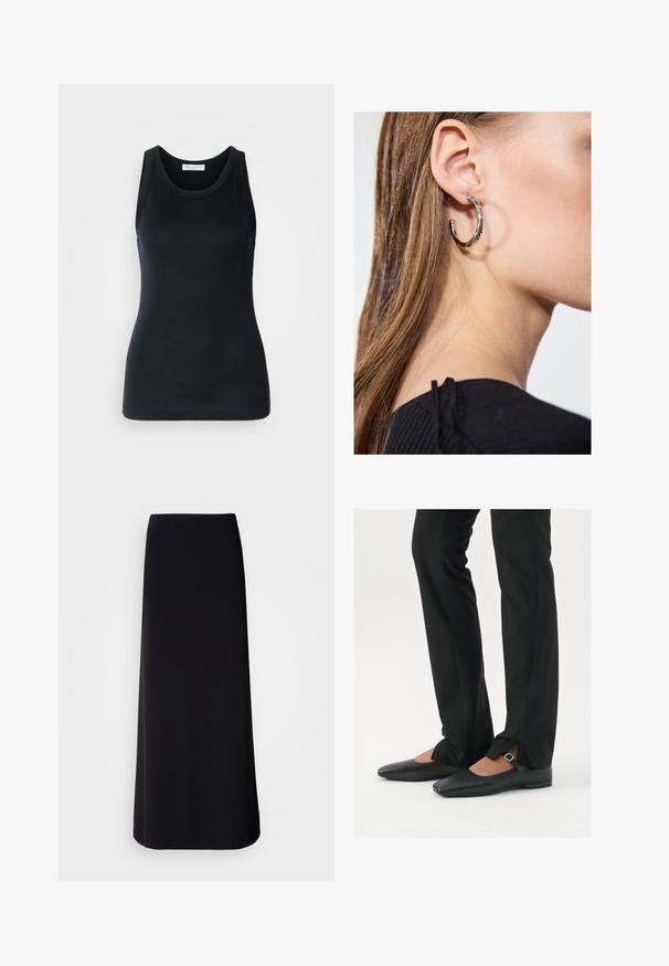 Sort tanktop lavet af blødt, strækbart materiale. Har en rund halsudskæring og brede stropper, med en tætsiddende silhuet og glat tekstur.; Sort, gulvlange nederdel lavet af glat stof med en lige silhuet. Har et simpelt, uornamenteret design uden synlige mønstre eller udsmykninger.; Sorte læder balletflade sko med spids tå, rem med sølvspænde, parret med sorte skræddersyede bukser med slids i bunden.; Sølv hoop ørestik med en poleret overflade, prydet med små guld accenter og en rund form, båret på øreflippen.