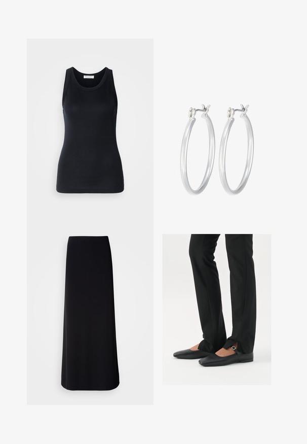 Black tank top made from soft, stretchy fabric. Features a round neckline and wide shoulder straps, with a fitted silhouette and smooth texture.; Black, floor-length skirt made of smooth fabric with a straight silhouette. Features a simple, unadorned design with no visible patterns or embellishments.; Black leather ballet flats with a pointed toe, strap with silver buckle, paired with black tailored pants featuring a slit hem.; Silver hoop earrings with a smooth, polished finish. Round shape and secure click-top closure. Lightweight design suitable for everyday wear.