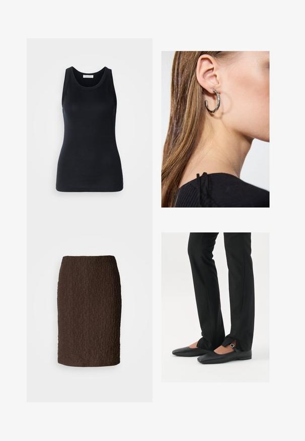 Svart tanktopp laget av myk, elastisk stoff. Har rund halsutskjæring og brede skulderstropper, med en tettsittende silhuett og jevn tekstur.; Brun knelang kjole laget av teksturert stoff med en krøllet overflate. Har et tettsittende design og ingen synlige lukninger eller detaljer.; Svart skinnballett-sko med spiss tå, stropp med sølvspenne, kombinert med svarte skreddersydde bukser med splitt i kanten.; Sølv ringøredob med en polert finish, med små gull detaljer og en rund form, båret på øreflippen.