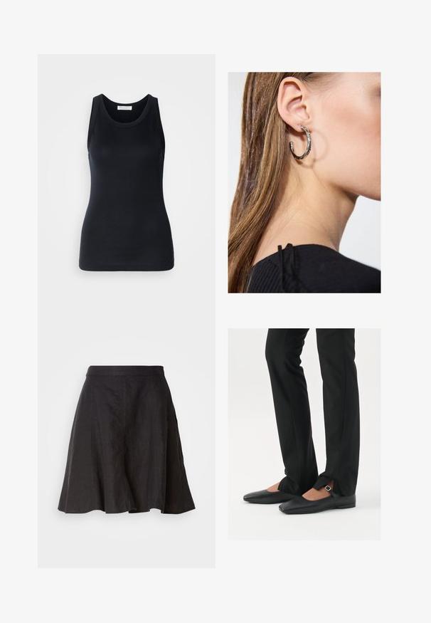 Schwarzes Tanktop aus weichem, dehnbarem Stoff. Mit Rundhalsausschnitt und breiten Trägern, tailliert geschnitten und mit glatter Oberfläche.; Schwarzer Leinenrock mit einem ausgestellten Design, ausgestattet mit einem Bund und Nähten. Der Stoff hat eine leicht strukturierte Oberfläche und reicht bis zur Kniehöhe.; Schwarze Leder-Ballerinas mit spitzer Zehenpartie, Riemchen mit silberner Schnalle, kombiniert mit schwarzen taillierten Hosen mit Schlitzsaum.; Silberne Creolen mit polierter Oberfläche, die kleine goldene Akzentdetails und eine runde Form aufweisen, am Ohrläppchen getragen.