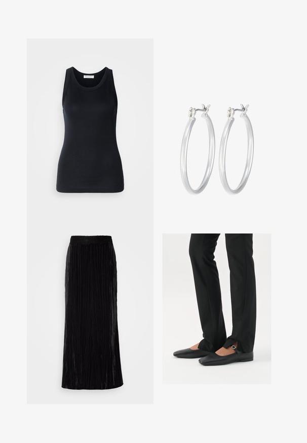 Musta tanktop, mis on valmistatud pehmest ja venivast materjalist. Omab ümmargust kaelust ja laiu õlapaelu, ning sellel on voolav siluett ja sile tekstuur.; Mustmust muströöd, mis on varustatud vertikaalsete voldikute ja lainelise pitsvööga. Kanga pealispind on pehme ja tekstuurse välimusega.; Mustadast mustast nahast balletkingad terava ninaga, millel on rihm hõbedase klambriga, kokku sobitatud mustade ülikondpükstega, millel on lõhiku serv.; Hõbedased rõngaskõrvarõngad, millel on sile, läikiv viimistlus. Ümmargune kuju ja turvaline klõpsulatus. Kerge disain, sobib igapäevaseks kandmiseks.