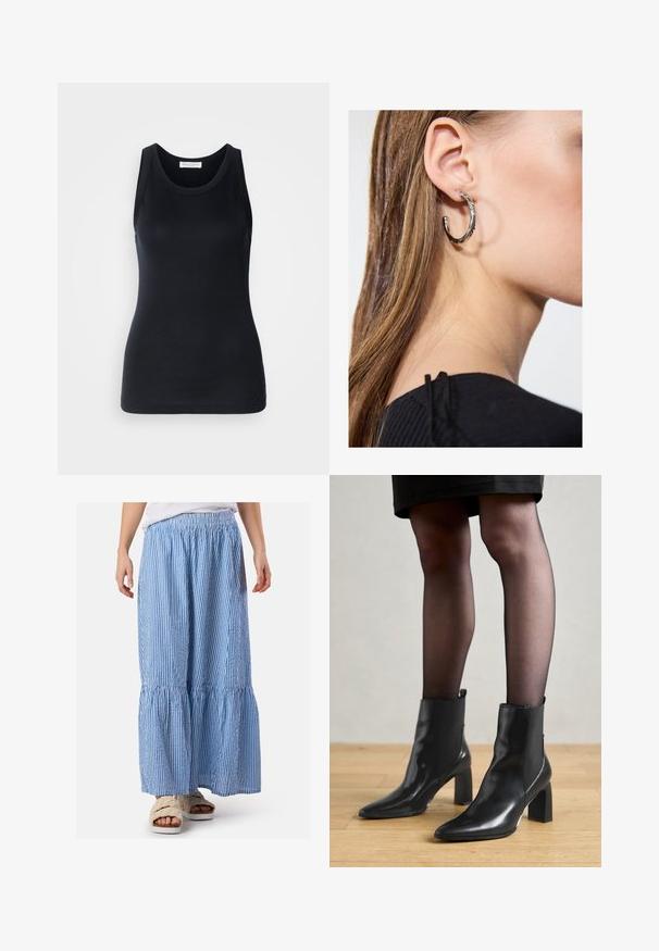 Sort tanktop lavet af blødt, strækbart materiale. Har en rund halsudskæring og brede stropper, med en tætsiddende silhuet og glat tekstur.; Blå og hvid stribet maxiskirt med elastisk talje, samlede lag og et let materiale. Parret med fluffy sandaler.; Sorte læderankelstøvler med spids tå, kraftig firkantet hæl og slankt design. Har elastiske sidepaneler for nem påtagning.; Sølv hoop ørestik med en poleret overflade, prydet med små guld accenter og en rund form, båret på øreflippen.