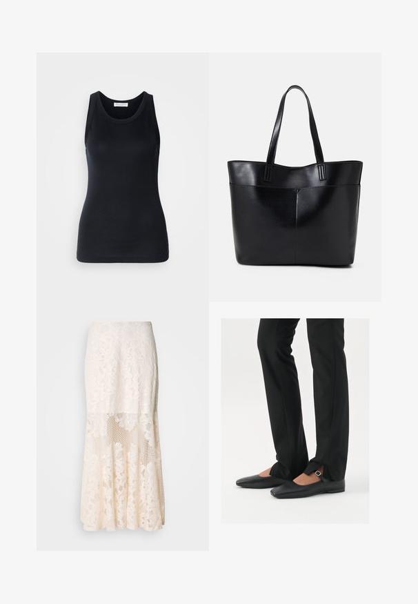 Débardeur noir en tissu doux et extensible. Il dispose d'un col rond et de larges bretelles, avec une silhouette ajustée et une texture lisse.; Jupe midi en dentelle florale couleur crème ; elle présente un design superposé avec des sections transparentes, de la dentelle texturée, et un ourlet évasé.; Ballerines en cuir noire avec un bout pointu, sangle avec boucle en argent, associées à un pantalon noir sur mesure avec un ourlet fendu.; Sac fourre-tout en cuir noir avec deux longues poignées, une texture lisse et une forme structurée. Dispose d'une poche avant pour un rangement supplémentaire.