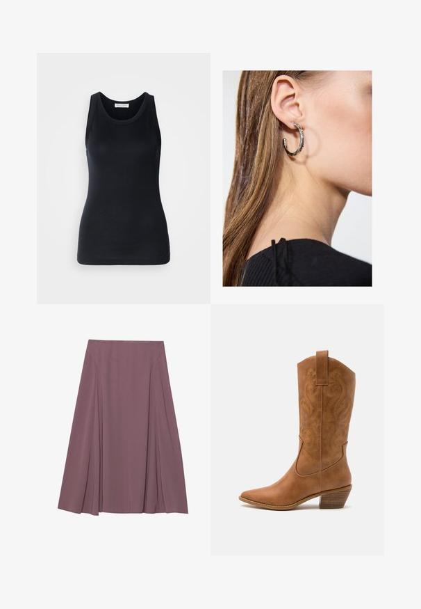 Musta tanktop, mis on valmistatud pehmest ja venivast materjalist. Omab ümmargust kaelust ja laiu õlapaelu, ning sellel on voolav siluett ja sile tekstuur.; Põlve pikkusega seelik, hallika lilla tooniga, valmistatud kergest kangast, millel on volditud disain ja sile tekstuur. Nähtavad kinnitused puuduvad.; Kohvitooni nahast cowboy-kork, millel on terav varvas, tikitud keerised varrel ja virnastatud ploki konts. Omab tõmbeava, et seda oleks lihtne jalga panna.; Hõbedane rõngas kõrvarõngas poleeritud viimistlusega, millel on väikesed kuldsed aktsendid ja ümmargune kuju, kantud lobus.