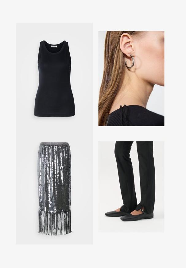 Fekete ujjatlan felső, puha, rugalmas anyagból készült. Kerek nyakkivágással és széles vállpántokkal rendelkezik, testhezálló szabású és sima textúrájú.; Ezüst flitteres, térdmidig érő szoknya, az alján fröcskölt díszítéssel, testre simuló derékpánttal és sima, csillogó textúrával.; Fekete bőr balettcipők hegyes orral, ezüst csattal ellátott pánttal, fekete szabott nadrággal, amelynek hasított szegélye van.; Ez egy ezüst fülbevaló, sima felülettel, amelyen apró arany díszítőelemek találhatók. Kerek formájú és a fülcimpán viselik.