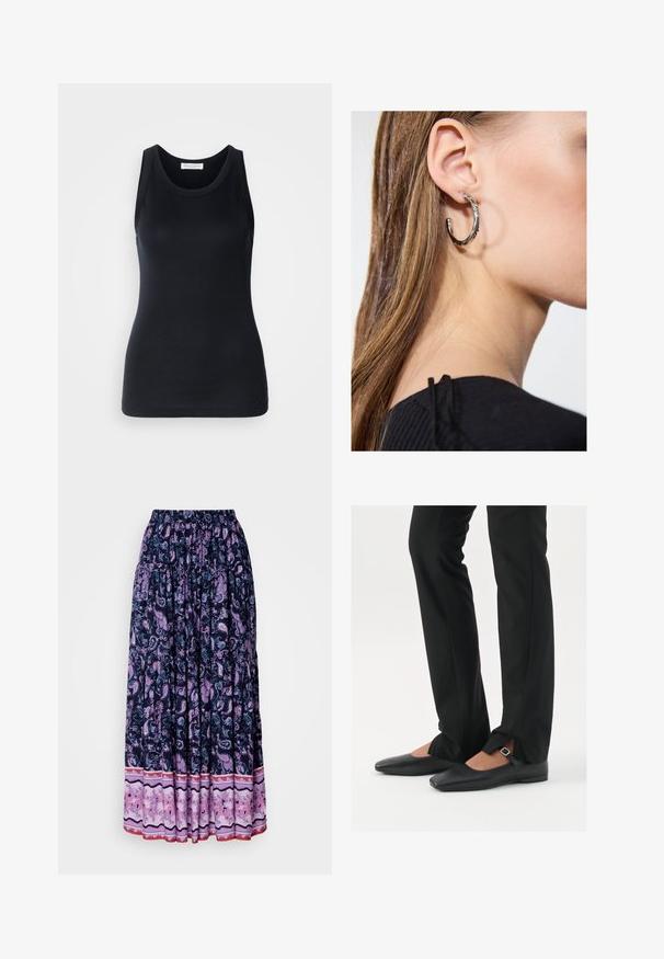 Musta tanktop, mis on valmistatud pehmest ja venivast materjalist. Omab ümmargust kaelust ja laiu õlapaelu, ning sellel on voolav siluett ja sile tekstuur.; Tumedat maxi-seelik, millel on keeruline lilla paisleimuster; elastne vöökoht ja kihiline äär, mille allosas on vastanduvad lillemustrilised kangad.; Mustadast mustast nahast balletkingad terava ninaga, millel on rihm hõbedase klambriga, kokku sobitatud mustade ülikondpükstega, millel on lõhiku serv.; Hõbedane rõngas kõrvarõngas poleeritud viimistlusega, millel on väikesed kuldsed aktsendid ja ümmargune kuju, kantud lobus.