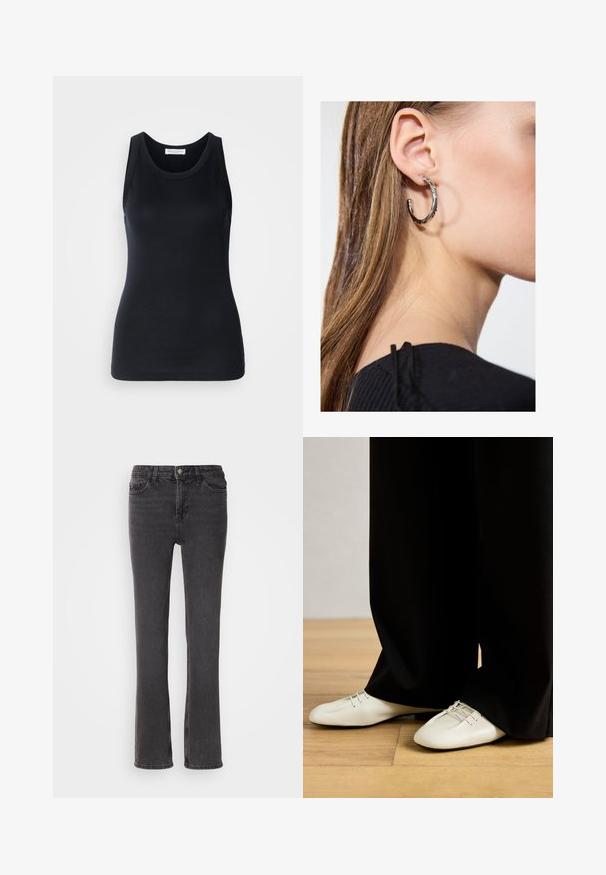 Top negro sin mangas hecho de tela suave y elástica. Presenta un escote redondo y tirantes anchos, con una silueta ajustada y una textura suave.; Vaqueros de mezclilla negra con corte recto, que cuentan con bolsillos delanteros, una cremallera y detalles de costura sutiles. La tela tiene una ligera textura.; Zapatos de cuero beige con una punta redondeada y elegante, y cordones decorativos, combinados con pantalones negros holgados, sobre un suelo de madera.; Pendiente de aro de plata con un acabado pulido, que presenta pequeños detalles en dorado y una forma redonda, llevado en el lóbulo.