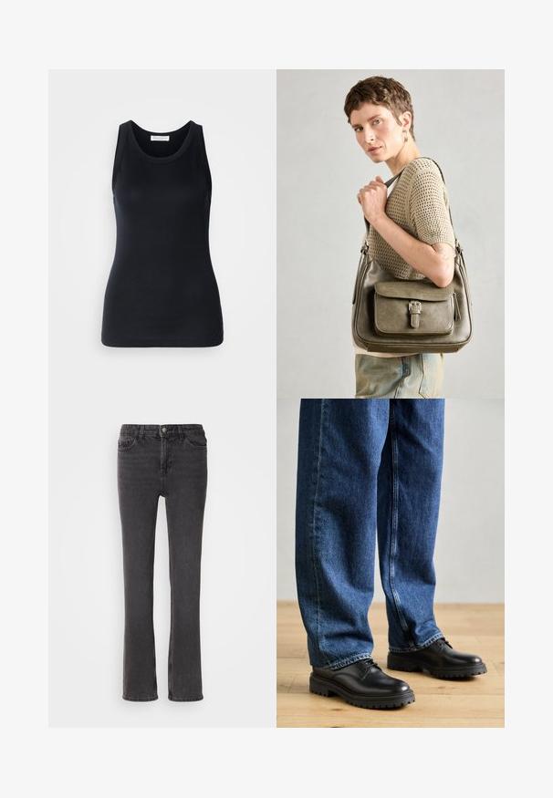 Débardeur noir en tissu doux et extensible. Il dispose d'un col rond et de larges bretelles, avec une silhouette ajustée et une texture lisse.; Jeans en denim noir à coupe droite, avec des poches avant, une fermeture éclair et des détails de couture subtils. Le tissu a une légère texture.; Chaussures en cuir noir avec un bout arrondi, un laçage, et une semelle en caoutchouc épaisse et texturée, accompagnées d'un jean en denim bleu à coupe décontractée.; Sac à main en cuir olive vert avec un rabat à l'avant, une sangle ajustable et des détails en métal argenté, présenté sur un modèle portant un haut en tricot.; Boucle d'oreille en argent avec une finition polie, présentant de petits détails en or et de forme ronde, portée sur le lobe.