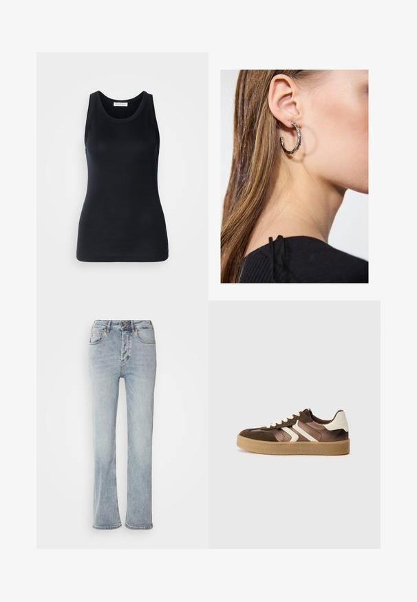 Svart tanktopp laget av myk, elastisk stoff. Har rund halsutskjæring og brede skulderstropper, med en tettsittende silhuett og jevn tekstur.; Lyseblå denimjeans med høy midje, rett bendesign og en liten flare ved kanten. Har sømdetaljer og glidelås-fly.; Brune og kremfargede joggesko i en kombinasjon av semsket lær og satengmaterialer, med tre skrå striper og en teksturert gummisåle.; Sølv ringøredob med en polert finish, med små gull detaljer og en rund form, båret på øreflippen.