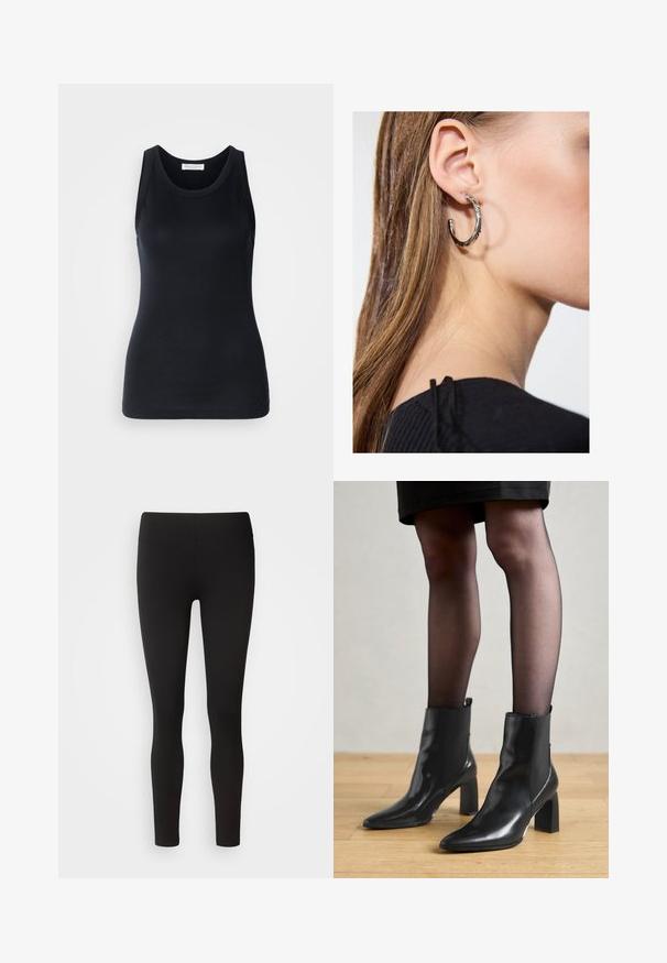Musta hihaton paita, joka on valmistettu pehmeästä ja joustavasta kankaasta. Siinä on pyöreä kaula-aukko ja leveät olkaimet, muotoiltu siluetti ja sileä rakenne.; Mustat legginsit, jotka on valmistettu venyvästä kankaasta, saumattomalla vyötärönauhalla, muotoon myötäilevällä designilla ja sileällä pinnalla, sopivat erilaisiin aktiviteetteihin.; Mustat nahkasaappaat nilkkamittaisella varrella, terävässä kärjessä, paksussa neliömassassa ja tyylikkäässä muotoilussa. Varustettu joustavilla sivupaneeleilla, jotka helpottavat pukemista.; Hopea renkaankorvakoru kiiltävällä pinnalla, jossa on pieniä kultaisia yksityiskohtia ja pyöreä muoto, käytetty korvalla.