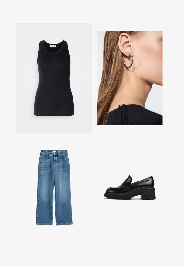 Juodas tanktopas, pagamintas iš minkštos, elastingos medžiagos. Jame yra apykaklės forma ir plačios petnešos, su prigludusia siluetu ir lygiu paviršiumi.; Mėlynos aukštai juosmens plačios kojų džinsinės kelnės su priekinėmis kišenėmis, diržo kilpelėmis ir priekinėmis sagomis bei užtrauktuku.; Juodas odinis loaferis su storais kulnais, storu padu ir dirželiu per viršų, rodoma iš šono ant baltos fono.; Sidabrinė lankinė auskarai su poliruotu paviršiumi, turintys mažus auksinius akcentus ir apvalią formą, dėvimi ant ausies kaušelio.