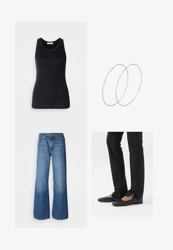 Top negro sin mangas hecho de tela suave y elástica. Presenta un escote redondo y tirantes anchos, con una silueta ajustada y una textura suave.; Jeans de mezclilla de pierna ancha en un tono azul claro. Presentan una cintura alta, costuras visibles y un cinturón de lazo. Textura desgastada hacia la parte inferior.; Bailarinas de cuero negro con punta afilada, correa con hebilla de plata, combinadas con pantalones negros ajustados que presentan un dobladillo con abertura.; Pendientes de aro plateados con un diseño minimalista. Forma circular, textura suave y perfil delgado. Livianos con un acabado pulido.