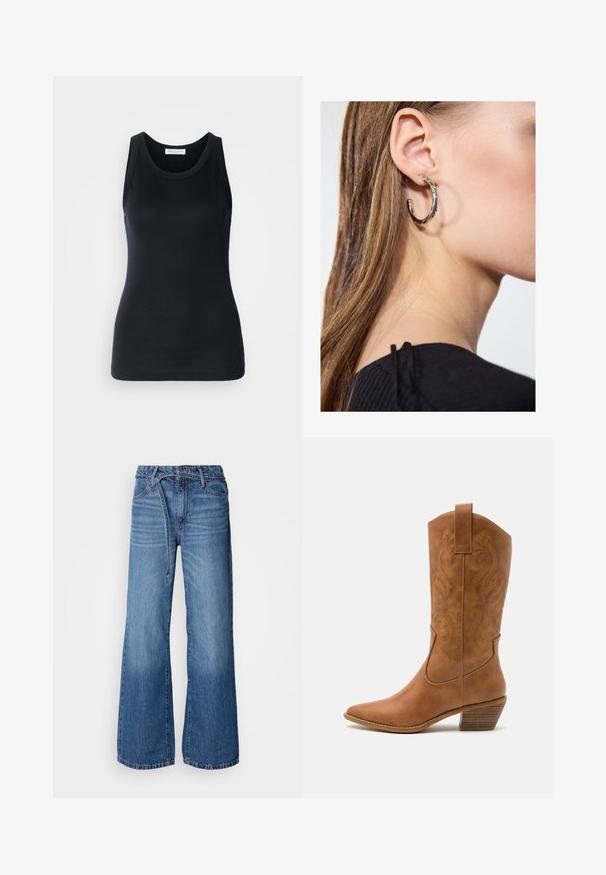 Črn top brez rokavov, izdelan iz mehkega, raztegljivega materiala. Ima okrogel ovratnik in široke naramnice, s prilagojeno silhueto in gladko teksturo.; Svijetloplave traperice širokih nogavica. Imaju visoki struk, vidljive šavove i remen na vezanje. Iznad donjeg dijela imaju izblijedjeli teksturu.; Rjavi usnjeni kauboj čevlji s koničastim nosom, vezenimi vijugastimi vzorci na zgornjem delu in zloženim kvadratnim peto. Imajo zanko za enostavno obuvanje.; Srebrna obročasta uhana s polirano površino, ki vključuje majhne zlate poudarke in okroglo obliko, nošena na ušesnem lobu.