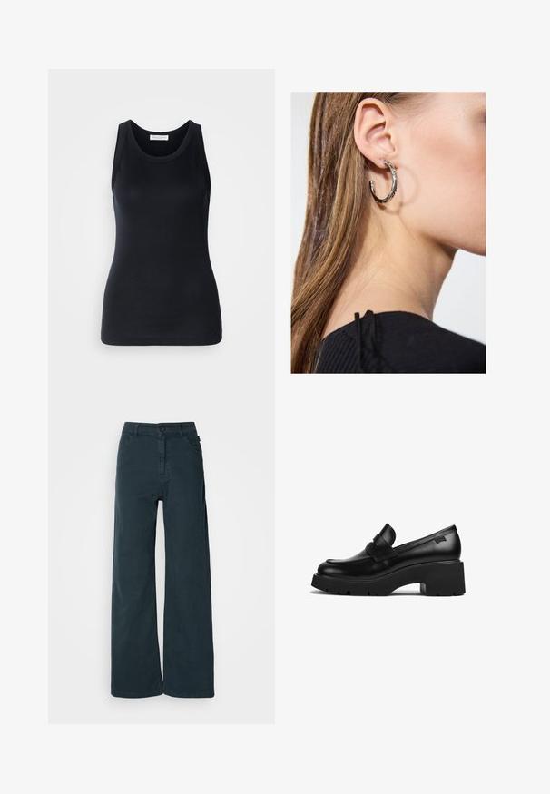 Svart tanktopp laget av myk, elastisk stoff. Har rund halsutskjæring og brede skulderstropper, med en tettsittende silhuett og jevn tekstur.; Vide benbukser i mørkegrå bomullsmiks, med frontknappelukking, beltehemper, og to sidelommer. Glatt tekstur med minimal detaljering.; Svart lær loafer med tykke hæler og tykt såle med en stroppdetalj over toppen, vist fra siden på en hvit bakgrunn.; Sølv ringøredob med en polert finish, med små gull detaljer og en rund form, båret på øreflippen.