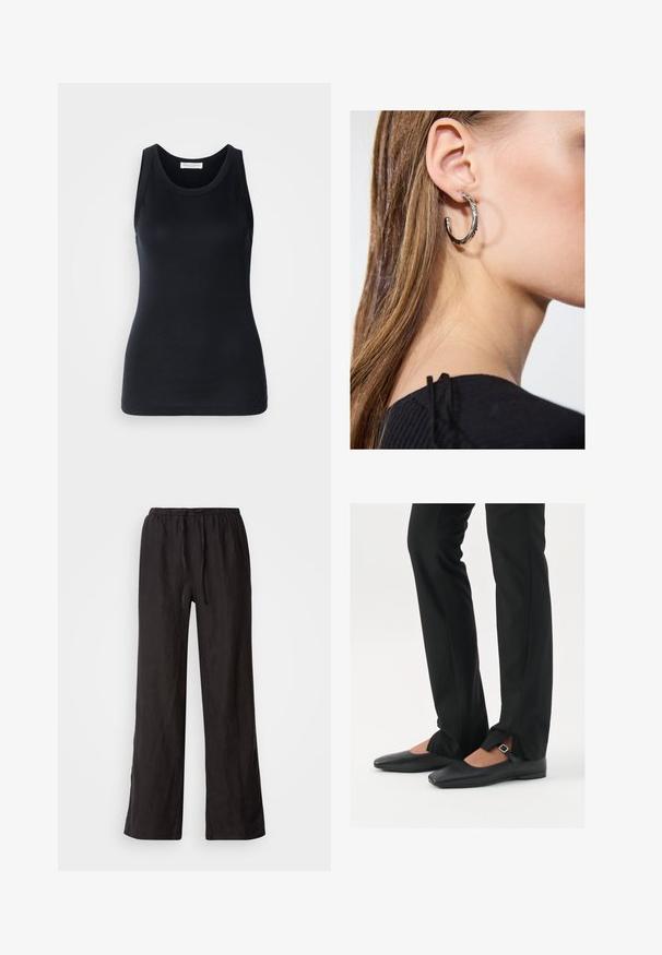 Black tank top made from soft, stretchy fabric. Features a round neckline and wide shoulder straps, with a fitted silhouette and smooth texture.; Black, loose-fitting pants with an elastic waistband and drawstring. Made of a lightweight fabric with a smooth texture and straight legs.; Black leather ballet flats with a pointed toe, strap with silver buckle, paired with black tailored pants featuring a slit hem.; Silver hoop earring with a polished finish, featuring small gold accent details and a round shape, worn on the lobe.