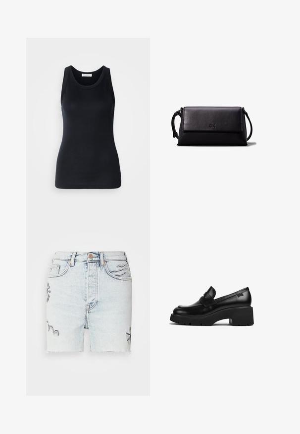 Musta tanktop, mis on valmistatud pehmest ja venivast materjalist. Omab ümmargust kaelust ja laiu õlapaelu, ning sellel on voolav siluett ja sile tekstuur.; Heledatud džinsised lühikesed püksid, millel on purustatud äär, sinise värvi lilleline tikand ning traditsiooniline viie tasku stiil koos metallist nööbi sulgemisega.; Must musta jalgadega must nahast lohvik, paksu tallaga ja rihmaga ülevalt, kujutatud külgvaates valgel taustal.; Mustast nahkclutch, millel on ristkülikuline kuju, sile tekstuur, lame klappkinnitus ja väike käepide külgedel. Omab peenelt logo.; Hõbedane rõngas kõrvarõngas poleeritud viimistlusega, millel on väikesed kuldsed aktsendid ja ümmargune kuju, kantud lobus.