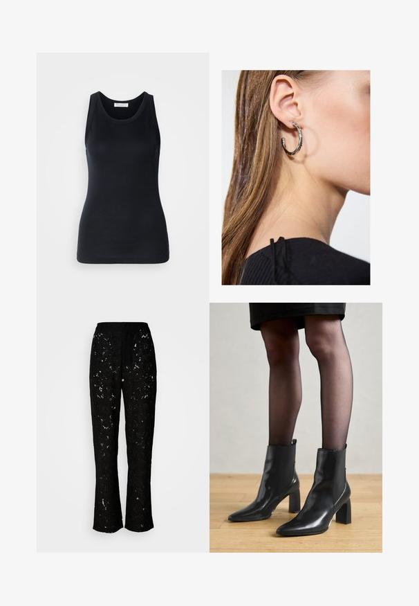 Débardeur noir en tissu doux et extensible. Il dispose d'un col rond et de larges bretelles, avec une silhouette ajustée et une texture lisse.; Pantalons en dentelle noire avec un motif floral, design à jambe large et texture lisse. Présente une taille élastique et une silhouette fluide.; Bottines en cuir noir avec un bout pointu, un talon carré épais et un design élégant. Présente des panneaux latéraux élastiques pour un enfilage facile.; Boucle d'oreille en argent avec une finition polie, présentant de petits détails en or et de forme ronde, portée sur le lobe.