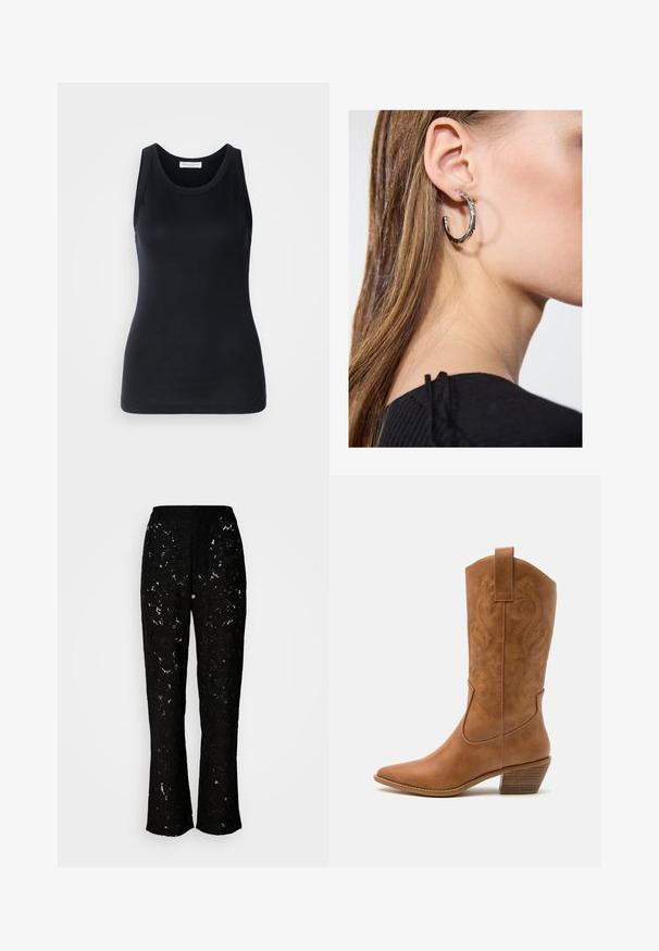Top negro sin mangas hecho de tela suave y elástica. Presenta un escote redondo y tirantes anchos, con una silueta ajustada y una textura suave.; Pantalones de encaje negro con un patrón floral, diseño de pierna ancha y textura suave. Presentan una cintura y una silueta fluida.; Bota de vaquero de cuero marrón claro con punta afilada, patrones de espiral bordados en el tubo y un tacón bloque apilado. Cuenta con una pestaña de agarre para facilitar su uso.; Pendiente de aro de plata con un acabado pulido, que presenta pequeños detalles en dorado y una forma redonda, llevado en el lóbulo.