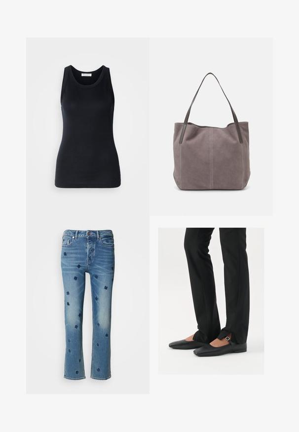 Črn top brez rokavov, izdelan iz mehkega, raztegljivega materiala. Ima okrogel ovratnik in široke naramnice, s prilagojeno silhueto in gladko teksturo.; Svetlo modri jeans s ravnimi nogavicami, okrašeni z mornarsko modrim cvetličnim vezenjem in učinkom nosilnosti okoli žepov ter roba.; Črne usnjene balerinke s koničastim nosom, trak z srebrno zaponko, v kombinaciji s črnimi elegantnimi hlačami z razporkom na robu.; Siva semiš torba z dvema temnima usnjenima ročajema. Ima šivane detajle na straneh, mehak tekstur in prostoren odprtina.; Srebrna obročasta uhana s polirano površino, ki vključuje majhne zlate poudarke in okroglo obliko, nošena na ušesnem lobu.