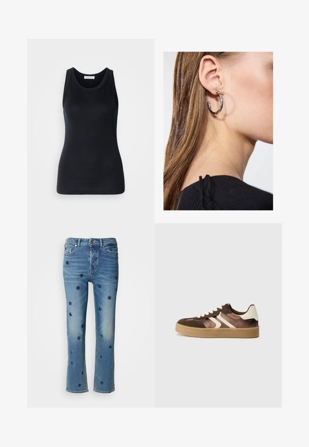 Svart linne i mjukt, stretchigt material. Har rund halsringning och breda axelremmar, med en figurnära silhuett och slät yta.; Ljusblå denimjeans med rak benfits, prydda med marinblå blomsterbroderier och slitningseffekter vid fickorna och fållen.; Bruna och krämfärgade sneakers med en kombination av mocka och satinmaterial, med tre diagonala ränder och en texturerad gummisula.; Silverörhänge med polerad yta, med små detaljer i guld och rund form, bärs på loben.