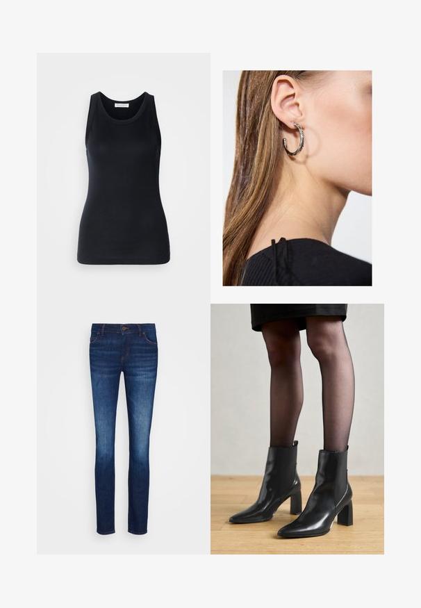 Svart tanktopp laget av myk, elastisk stoff. Har rund halsutskjæring og brede skulderstropper, med en tettsittende silhuett og jevn tekstur.; Mørkeblå denimjeans med slim fit, fem lommer og knappestenging. Har subtil falming og sømdetaljer i kontrastfarge.; Sorte ankelstøvler i skinn med spiss tå, chunky firkantet hæl, og slank design. Har elastiske sidede paneler for enkel påføring.; Sølv ringøredob med en polert finish, med små gull detaljer og en rund form, båret på øreflippen.
