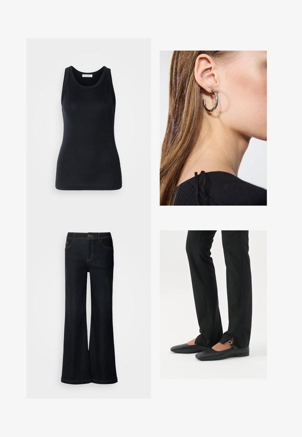 Melnā top forma bez piedurknēm, kas izgatavota no mīksta, elastīga auduma. Iezīmes apaļa kakla izgriezuma un platām plecu lencēm, ar pieguļošu siluetu un gludu tekstūru.; Mos Mosh DELUXE - Brīva piegriezuma džinsi - dark blue; Melni ādas baleta zābaki ar smailo purngalu, siksniņa ar sudraba sprādzi, kombinēti ar melniem tailētiem biksēm ar šķēluma apakšdaļu.; Sudraba auskars ar pulētu apdari, ar maziem zelta akcentiem un apaļu formu, uz ausu ļipiņas.