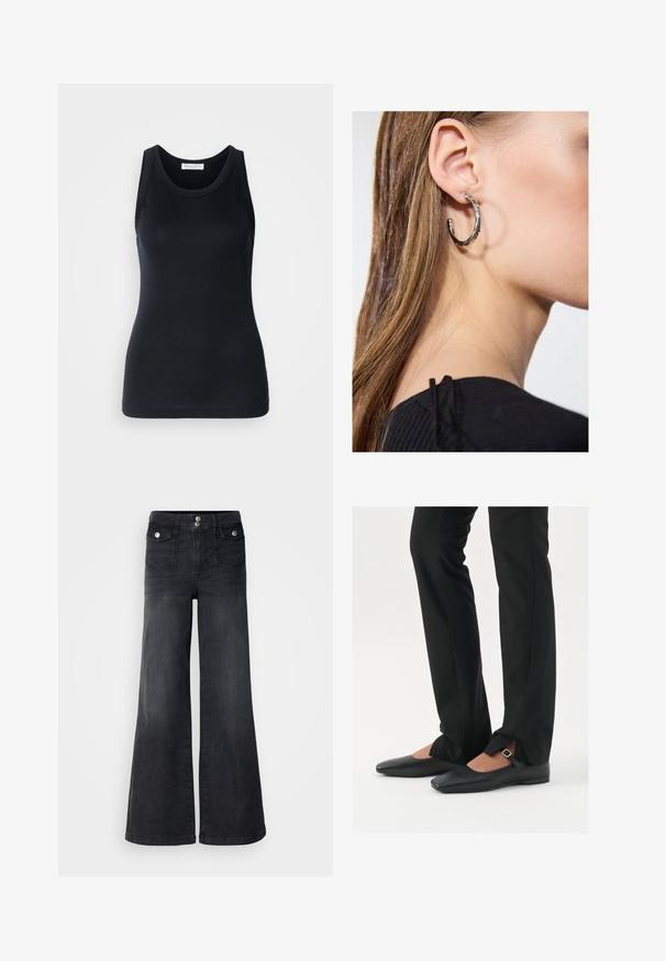 Črn top brez rokavov, izdelan iz mehkega, raztegljivega materiala. Ima okrogel ovratnik in široke naramnice, s prilagojeno silhueto in gladko teksturo.; Črne široke kavbojke iz denima z visokim pasom, sprednjim gumbom in dvema sprednjima žepoma; gladka tekstura z rahlim bledečim učinkom.; Črne usnjene balerinke s koničastim nosom, trak z srebrno zaponko, v kombinaciji s črnimi elegantnimi hlačami z razporkom na robu.; Srebrna obročasta uhana s polirano površino, ki vključuje majhne zlate poudarke in okroglo obliko, nošena na ušesnem lobu.