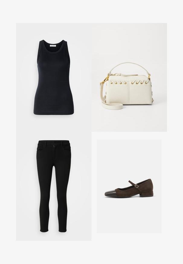 Juodas tanktopas, pagamintas iš minkštos, elastingos medžiagos. Jame yra apykaklės forma ir plačios petnešos, su prigludusia siluetu ir lygiu paviršiumi.; Juodos liesos džinsai, pagaminti iš tamprios medžiagos, su užtrauktuku, mygtuko uždarymu ir dviem šoniniais kišenėmis. Lygus paviršius ir prigludęs dizainas.; Rudos zomšiniai Mary Jane bateliai su juodu patentuotų odos smailiu pirštu, reguliuojama juosta ir žemu blokuotu kulnu. Lygus paviršius su minimaliais akcentais.; Balta dirbtinės odos rankinė su viršutiniu užtrauktuku, trumpa rankena ir nuimamu per petį nešančiu diržu su auksinės spalvos furnitūra. Šoniniai raišteliai.; Sidabrinė lankinė auskarai su poliruotu paviršiumi, turintys mažus auksinius akcentus ir apvalią formą, dėvimi ant ausies kaušelio.