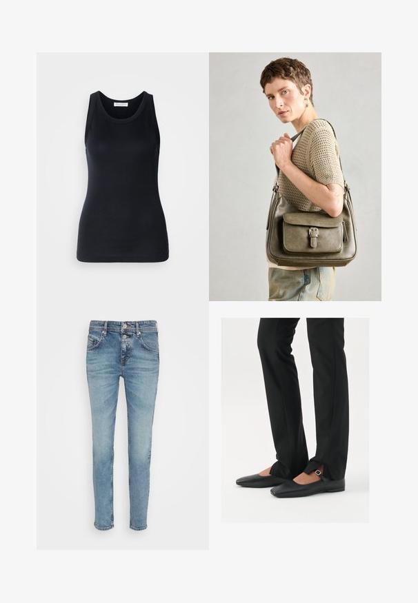 Μαύρη базή φανέλα φτιαγμένη από μαλακό, ελαστικό ύφασμα. Διαθέτει στρογγυλή λαιμόκοψη και φαρδιές τιράντες, με εφαρμοστή σιλουέτα και ομαλή υφή.; Ανοιχτού γαλάζιου τζιν παντελόνι με στενή εφαρμογή, πέντε τσέπες και κουμπί στο φερμουάρ. Οι φθαρμένες λεπτομέρειες κατά μήκος των μηρών προσθέτουν υφή.; Μαύρες δερμάτινες μπαλαρίνες με μυτερή μύτη, λουρί με ασημένια αγκράφα, σε συνδυασμό με μαύρα κομμένα παντελόνια με σχιστή λεπτομέρεια.; Ελαιόχρωμου δερμάτινη τσάντα χεριού με κλεισμένη μπροστινή καπάκι, ρυθμιζόμενο λουρί και ασημένιες λεπτομέρειες, εκτεθειμένη σε ένα μοντέλο που φοράει πλεκτό μπλουζάκι.; Ασημένιο σκουλαρίκι κρίκος με γυαλιστερή φινίρισμα, που διαθέτει μικρές χρυσές λεπτομέρειες και στρογγυλό σχήμα, φορεμένο στον λοβό.