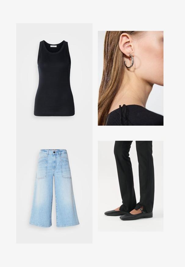 Melnā top forma bez piedurknēm, kas izgatavota no mīksta, elastīga auduma. Iezīmes apaļa kakla izgriezuma un platām plecu lencēm, ar pieguļošu siluetu un gludu tekstūru.; Gai zila džinsa kulotu bikses ar platām kājām, piedāvājot priekšējos un aizmugurējos kabatas, kā arī pogu aizdari jostasvietā. Gluda tekstūra.; Melni ādas baleta zābaki ar smailo purngalu, siksniņa ar sudraba sprādzi, kombinēti ar melniem tailētiem biksēm ar šķēluma apakšdaļu.; Sudraba auskars ar pulētu apdari, ar maziem zelta akcentiem un apaļu formu, uz ausu ļipiņas.