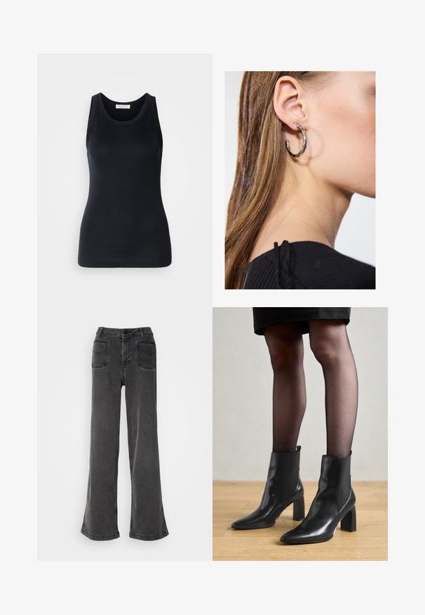 Musta hihaton paita, joka on valmistettu pehmeästä ja joustavasta kankaasta. Siinä on pyöreä kaula-aukko ja leveät olkaimet, muotoiltu siluetti ja sileä rakenne.; Korkeavyötäröiset, leveälahkeiset mustat farkut, jotka on valmistettu denimestä. Farkuissa on napitus, vyölenkit ja kaksi takataskua, joissa on ommeltuja yksityiskohtia.; Mustat nahkasaappaat nilkkamittaisella varrella, terävässä kärjessä, paksussa neliömassassa ja tyylikkäässä muotoilussa. Varustettu joustavilla sivupaneeleilla, jotka helpottavat pukemista.; Hopea renkaankorvakoru kiiltävällä pinnalla, jossa on pieniä kultaisia yksityiskohtia ja pyöreä muoto, käytetty korvalla.