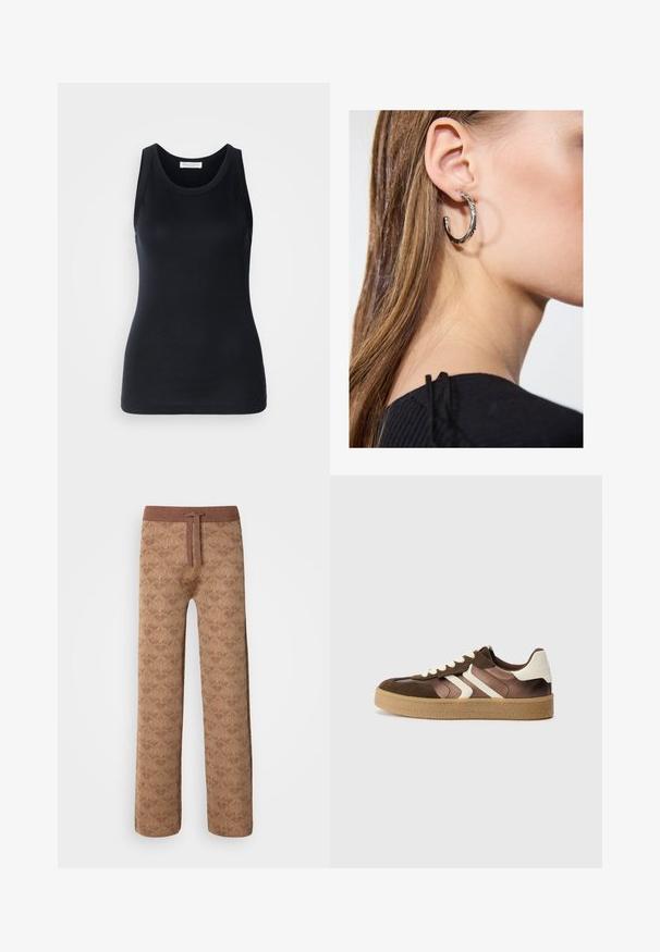 Black tank top made from soft, stretchy fabric. Features a round neckline and wide shoulder straps, with a fitted silhouette and smooth texture.; Brown patterned lounge pants featuring a textured fabric, elastic waistband with drawstring, and a loose fit design.; Brown and cream sneakers with a combination of suede and satin materials, featuring three diagonal stripes and a textured gum sole.; Silver hoop earring with a polished finish, featuring small gold accent details and a round shape, worn on the lobe.