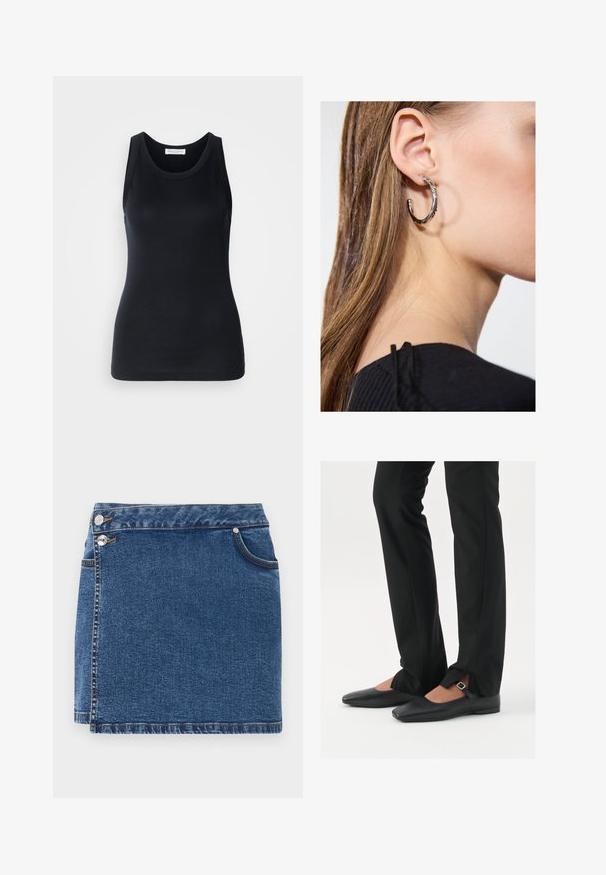 Čierny tielko vyrobené z mäkkej, elastickej tkaniny. Má okrúhly výstrih a široké ramenné popruhy, so priliehavým strihom a hladkou textúrou.; Džínová sukňa v tmavomodrej farbe s priliehavým strihom. Obsahuje dvojité predné gombíky, bočné vrecká a viditeľné švy na dolnom okraji.; Čierne kožené baletky s špicatou špičkou, remienkom so striebornou prackou, skombinované s čiernymi strihovými nohavicami so rozparkom na leme.; Strieborná kruhová náušnica s lesklým povrchom, obsahujúca malé zlaté akcenty a okrúhly tvar, nosená na lalôčiku ucha.