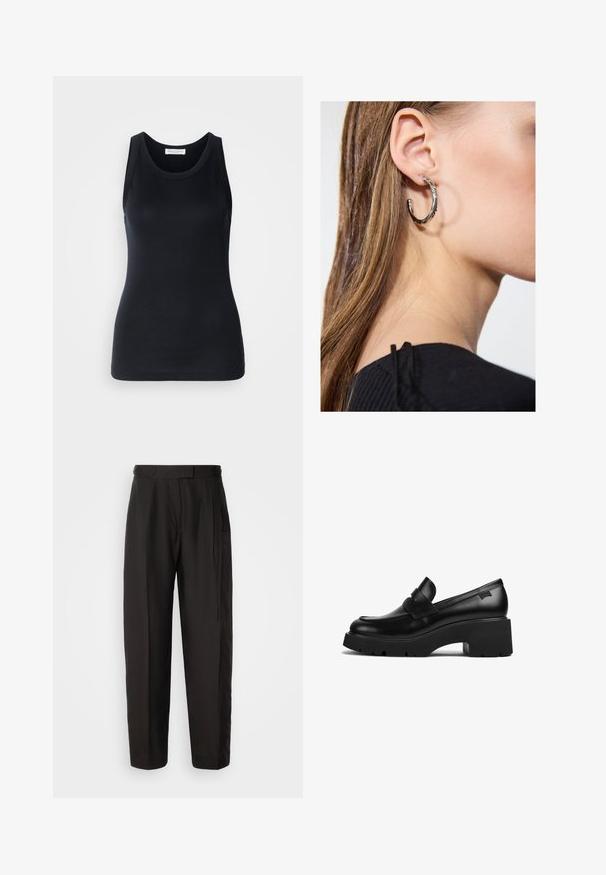 Musta hihaton paita, joka on valmistettu pehmeästä ja joustavasta kankaasta. Siinä on pyöreä kaula-aukko ja leveät olkaimet, muotoiltu siluetti ja sileä rakenne.; Musta muotistettu housut, jotka on valmistettu sileästä kankaasta, ja joissa on suora lahje, etu laskokset ja nappikiinnitys vyötäröllä.; Musta nahkakengät, joissa on paksut korot ja paksu pohja, sekä nauhaysitys päällä, esitetty sivuprofiilista valkoista taustaa vasten.; Hopea renkaankorvakoru kiiltävällä pinnalla, jossa on pieniä kultaisia yksityiskohtia ja pyöreä muoto, käytetty korvalla.