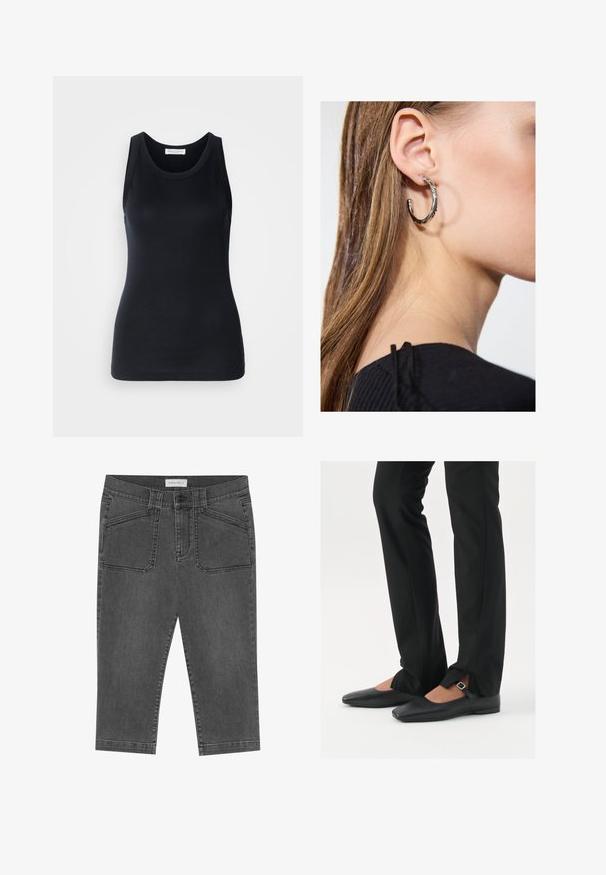 Musta tanktop, mis on valmistatud pehmest ja venivast materjalist. Omab ümmargust kaelust ja laiu õlapaelu, ning sellel on voolav siluett ja sile tekstuur.; Hallhalli denimcaprisükid, millel on selge joon ja esikohvrid, nööbiga sulgemine ning veidi kulunud tekstuur.; Mustadast mustast nahast balletkingad terava ninaga, millel on rihm hõbedase klambriga, kokku sobitatud mustade ülikondpükstega, millel on lõhiku serv.; Hõbedane rõngas kõrvarõngas poleeritud viimistlusega, millel on väikesed kuldsed aktsendid ja ümmargune kuju, kantud lobus.