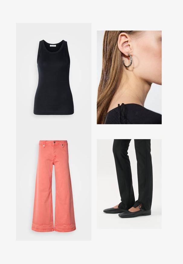 Musta tanktop, mis on valmistatud pehmest ja venivast materjalist. Omab ümmargust kaelust ja laiu õlapaelu, ning sellel on voolav siluett ja sile tekstuur.; Korallivärvi laiad püksid, mis on valmistatud puuvillast, viie taskuga, metallist detailidega ning puhta lõpuga allääres. Omab klassikalist nööbi ja tõmbluku kinnitust.; Mustadast mustast nahast balletkingad terava ninaga, millel on rihm hõbedase klambriga, kokku sobitatud mustade ülikondpükstega, millel on lõhiku serv.; Hõbedane rõngas kõrvarõngas poleeritud viimistlusega, millel on väikesed kuldsed aktsendid ja ümmargune kuju, kantud lobus.