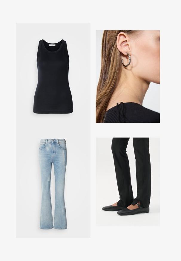 Black tank top made from soft, stretchy fabric. Features a round neckline and wide shoulder straps, with a fitted silhouette and smooth texture.; Scotch & Soda THE GLOW - Bootcut jeans - art from the heart; Black leather ballet flats with a pointed toe, strap with silver buckle, paired with black tailored pants featuring a slit hem.; Silver hoop earring with a polished finish, featuring small gold accent details and a round shape, worn on the lobe.