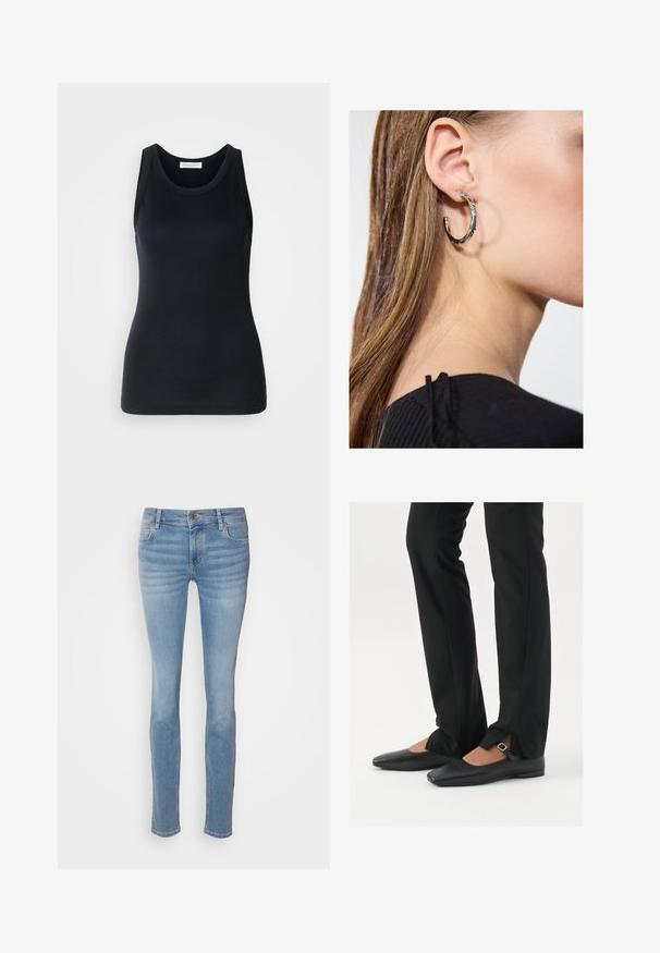 Black tank top made from soft, stretchy fabric. Features a round neckline and wide shoulder straps, with a fitted silhouette and smooth texture.; Light blue skinny jeans made of denim, featuring a classic five-pocket design, mid-rise waist, and subtle fading along the legs.; Black leather ballet flats with a pointed toe, strap with silver buckle, paired with black tailored pants featuring a slit hem.; Silver hoop earring with a polished finish, featuring small gold accent details and a round shape, worn on the lobe.