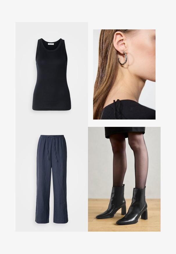 Top negru fără mâneci, fabricat dintr-un material moale și elastic. Are un decolteu rotund și bretele late, cu o siluetă ajustată și o textură fină.; Pantaloni din in de culoare albastru marin, cu talie elastică, închidere cu șnur, croială largă și finisaj texturat.; Botine negre din piele, cu vârful ascuțit, toc pătrat masiv și un design elegant. Au panouri laterale elastice pentru o îmbrăcare ușoară.; Cercel din argint cu un finisaj polișat, având detalii mici din aur și o formă rotundă, purtat pe lobul urechii.