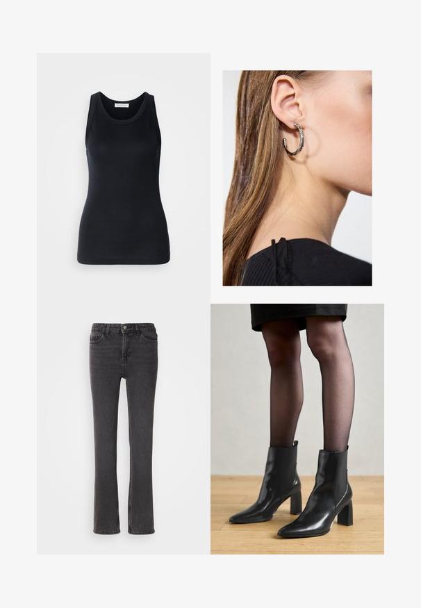 Top preto de alças feito de um tecido macio e elástico. Apresenta uma gola redonda e alças largas, com uma silhueta ajustada e textura suave.; Jeans de ganga preta com corte reto, apresentando bolsos frontais, fecho com zip e detalhes de costura discretos. O tecido tem uma leve textura.; Botas de tornozelo em couro preto com bico fino, salto quadrado robusto e design elegante. Apresenta painéis laterais elásticos para facilitar o calçar.; Brinco de argola prateada com acabamento polido, apresentando pequenos detalhes em dourado e uma forma redonda, usado na orelha.
